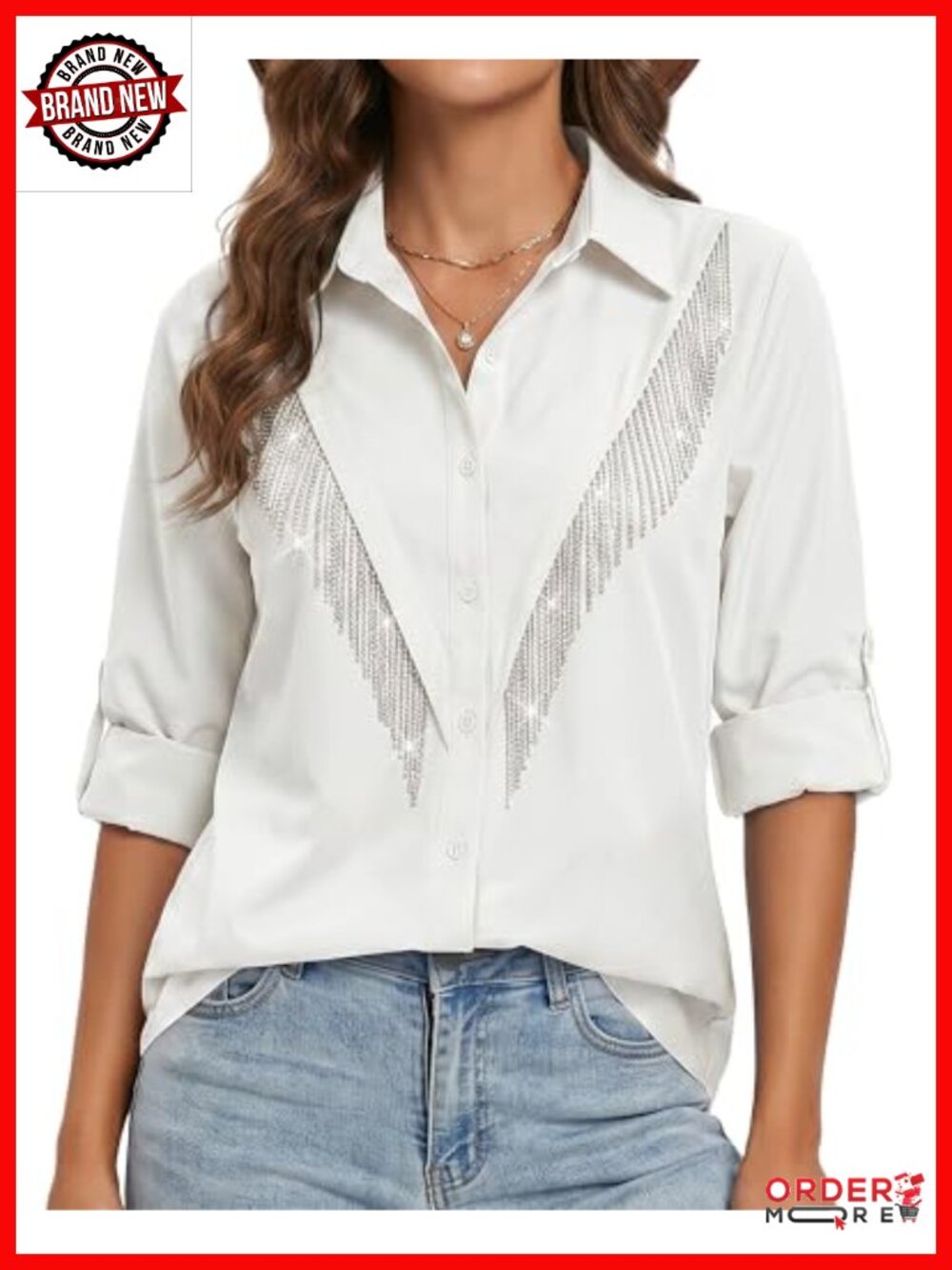 Sparkly Rhinestone Fringe Western Button Down Shirt 3/4 Sleeve Cowgirl Top